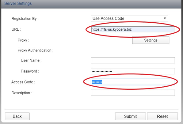 Server Settings Access Code kyocera fleet services 