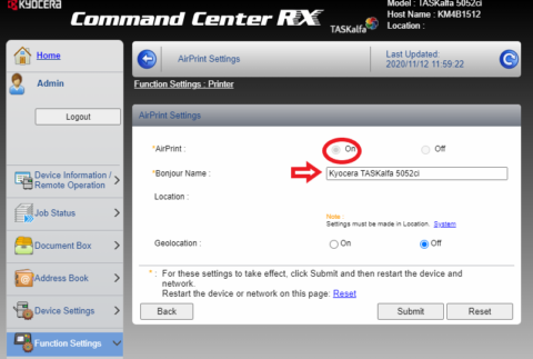How to Toggle AirPrint on your Kyocera Multifunction copier