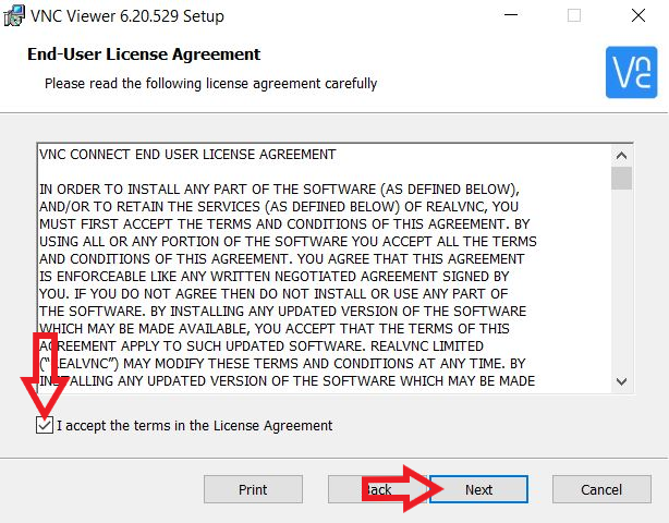 Install VNC End- User Agreement