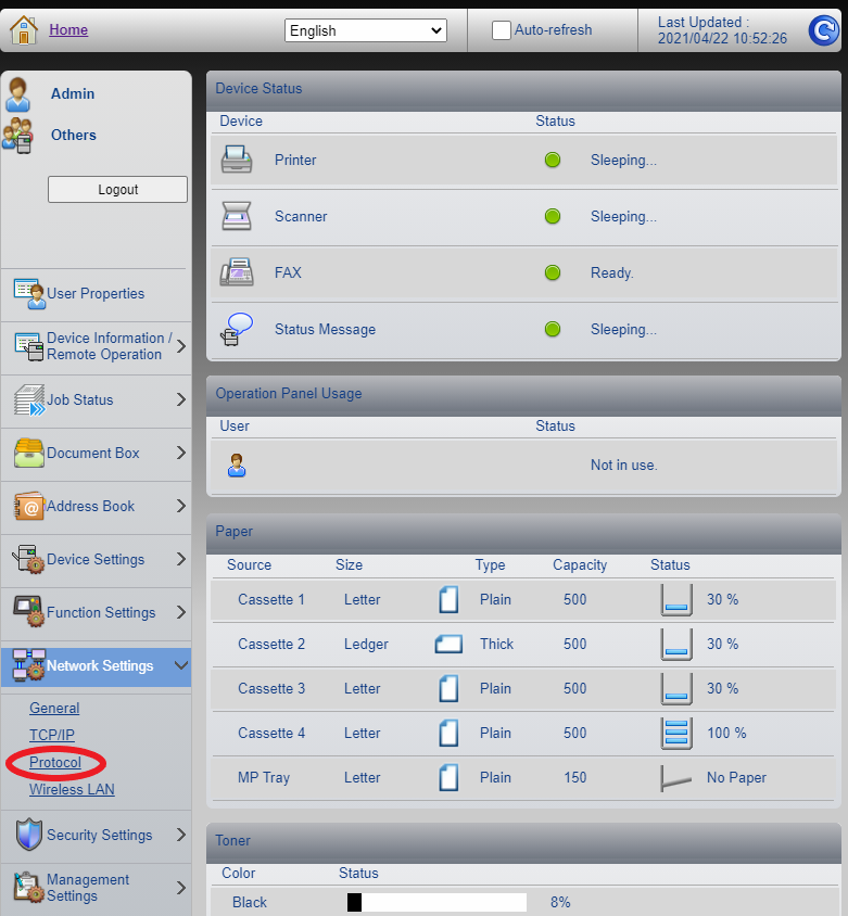 Kyocera Command Center RX Network Settings