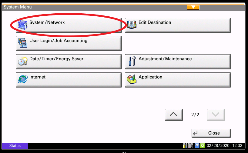 System/Network button in the control panel