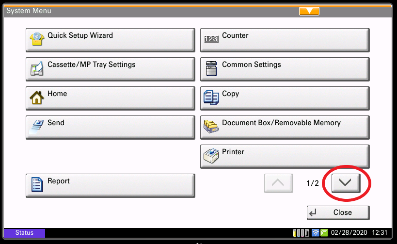 Press the down arrow on the Control Panel interface - kyocera fleet services