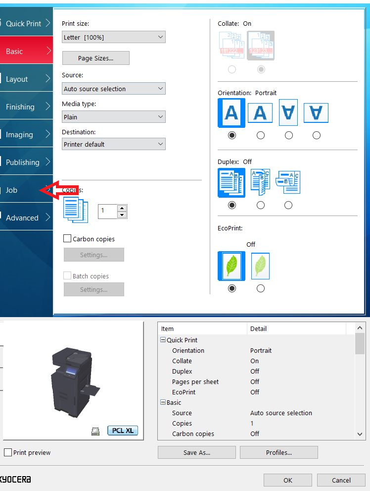 Main Driver print settings