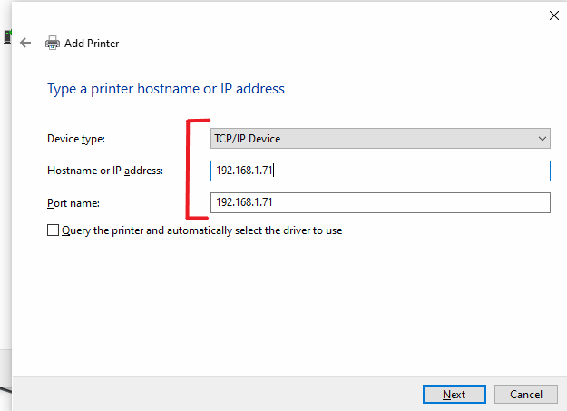 Choose ‘TCP/IP Device’, fill out the IP address