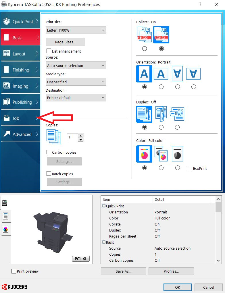 Job Tab - Printer settings