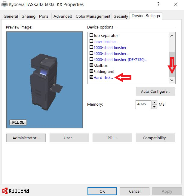 Printer Properties Device Settings