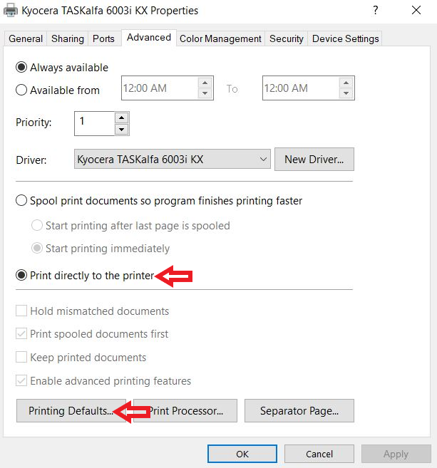 Printer Properties Advanced settings