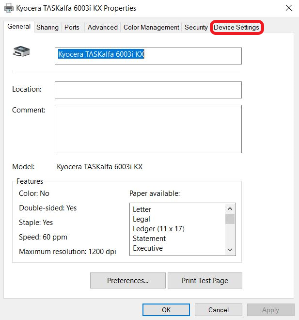 Printer Device Settings