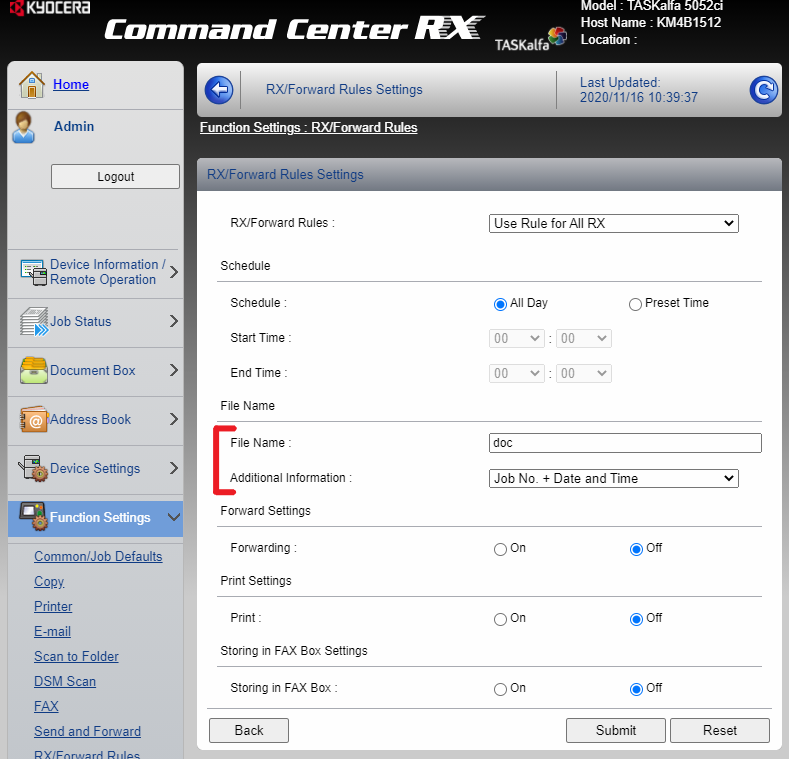 RX Fax forwarding functions