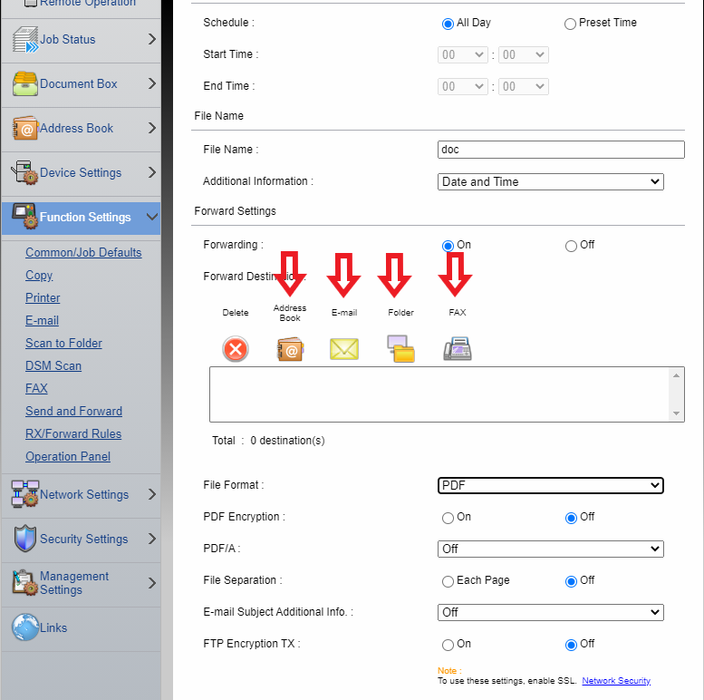 Choose the Fax forwarding destination