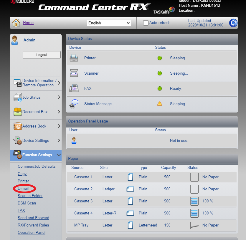 Function Settings -kyocera smtp setup