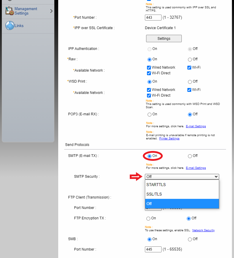 Scan to email Protocol security Settings