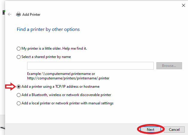 ‘Add a printer using TCP/IP address or hostname