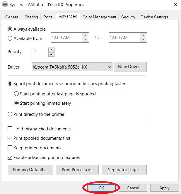 Press ok to apply kyocera private print instructions