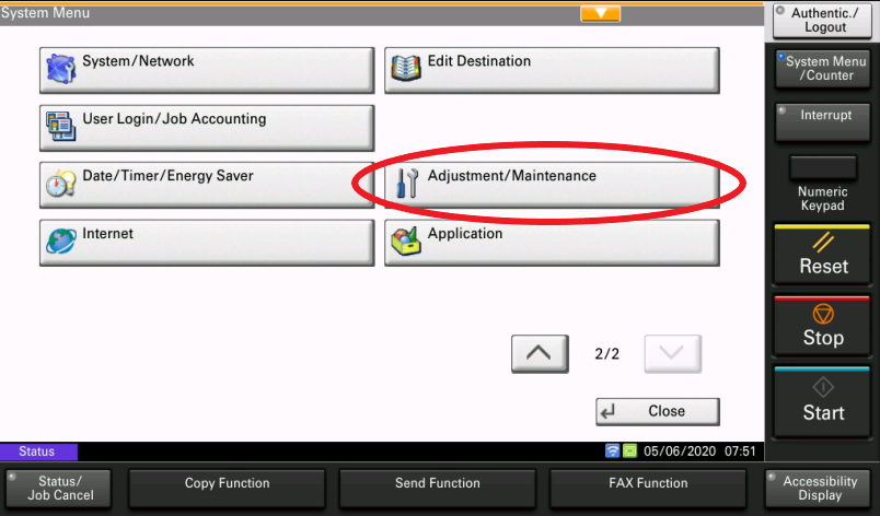 ‘Adjustment/Maintenance’ button