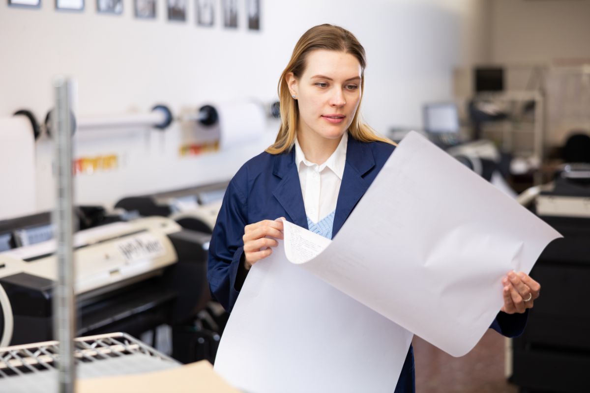 woman-using-large-fomat-printer Woman using a large format printer