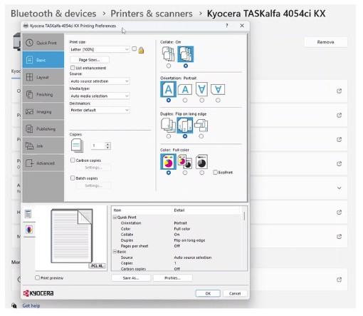 Kyocera Taskalfa printing preferences window