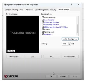 Kyocera Finishing Options Window